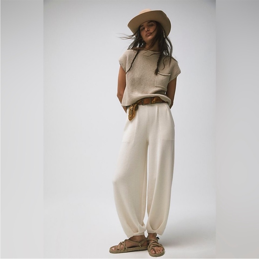 Cream Wide-Leg Knit Joggers - Women's Track Pants